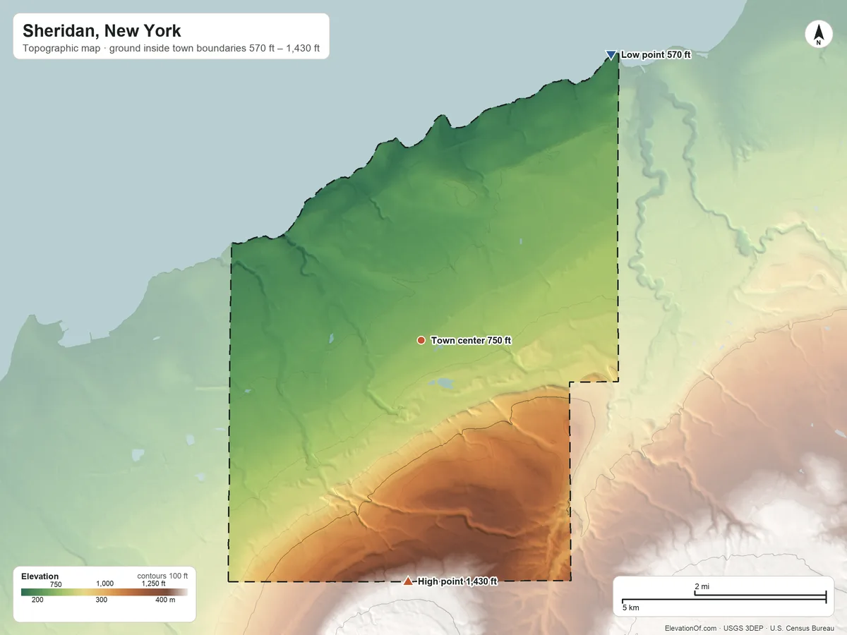 Topographic elevation map of Sheridan, New York, shaded from 570 ft on the northeast side to 1,430 ft on the south side