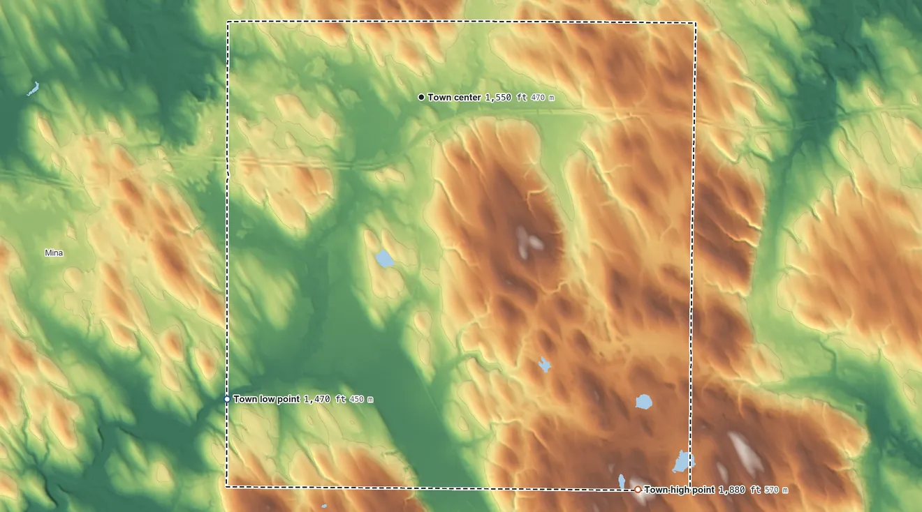Topographic elevation map of Sherman, New York, shaded from 1,470 ft on the southwest side to 1,880 ft on the southeast side
