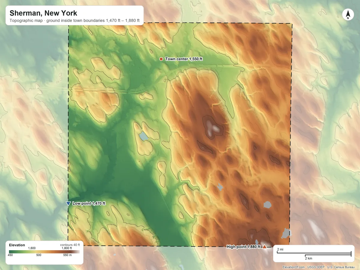 Topographic elevation map of Sherman, New York, shaded from 1,470 ft on the southwest side to 1,880 ft on the southeast side