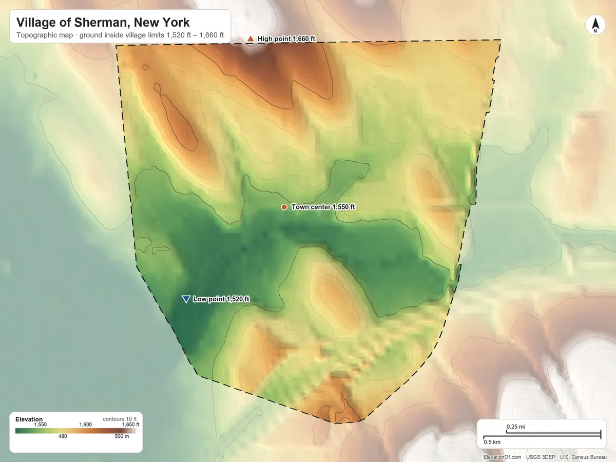 Topographic elevation map of Village of Sherman, New York, shaded from 1,520 ft on the southwest side to 1,660 ft on the north side