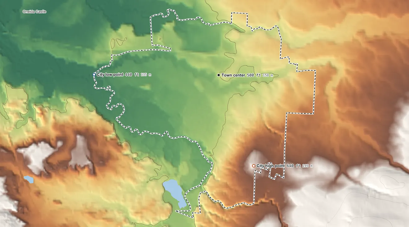 Topographic elevation map of Sherrill, New York, shaded from 440 ft on the west side to 640 ft on the south side