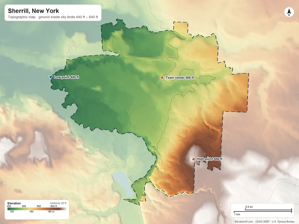 Topographic elevation map of Sherrill, New York, shaded from 440 ft on the west side to 640 ft on the south side