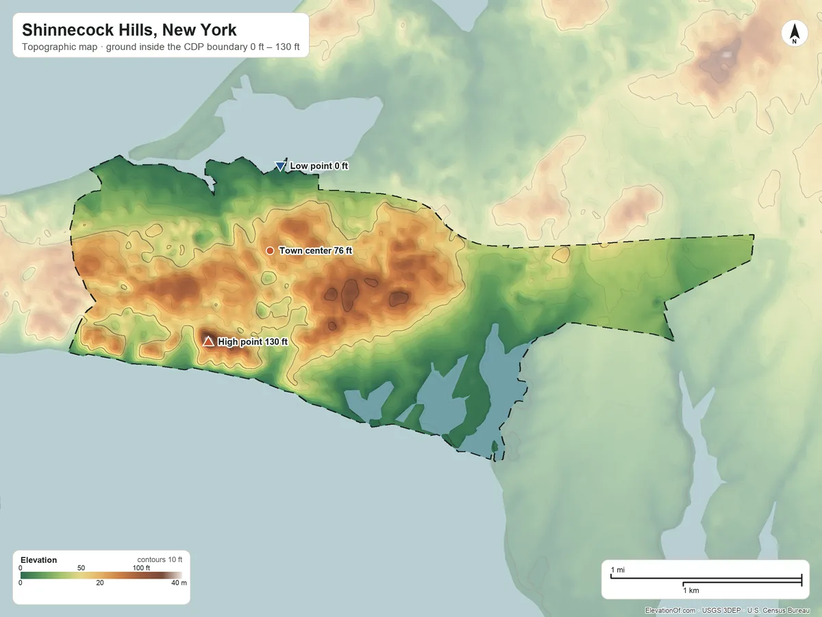 Topographic elevation map of Shinnecock Hills, New York, shaded from 0 ft on the north side to 130 ft on the southwest side