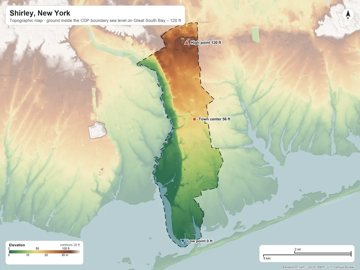 Topographic elevation map of Shirley, New York, shaded from sea level level on Great South Bay to 120 ft on the north side