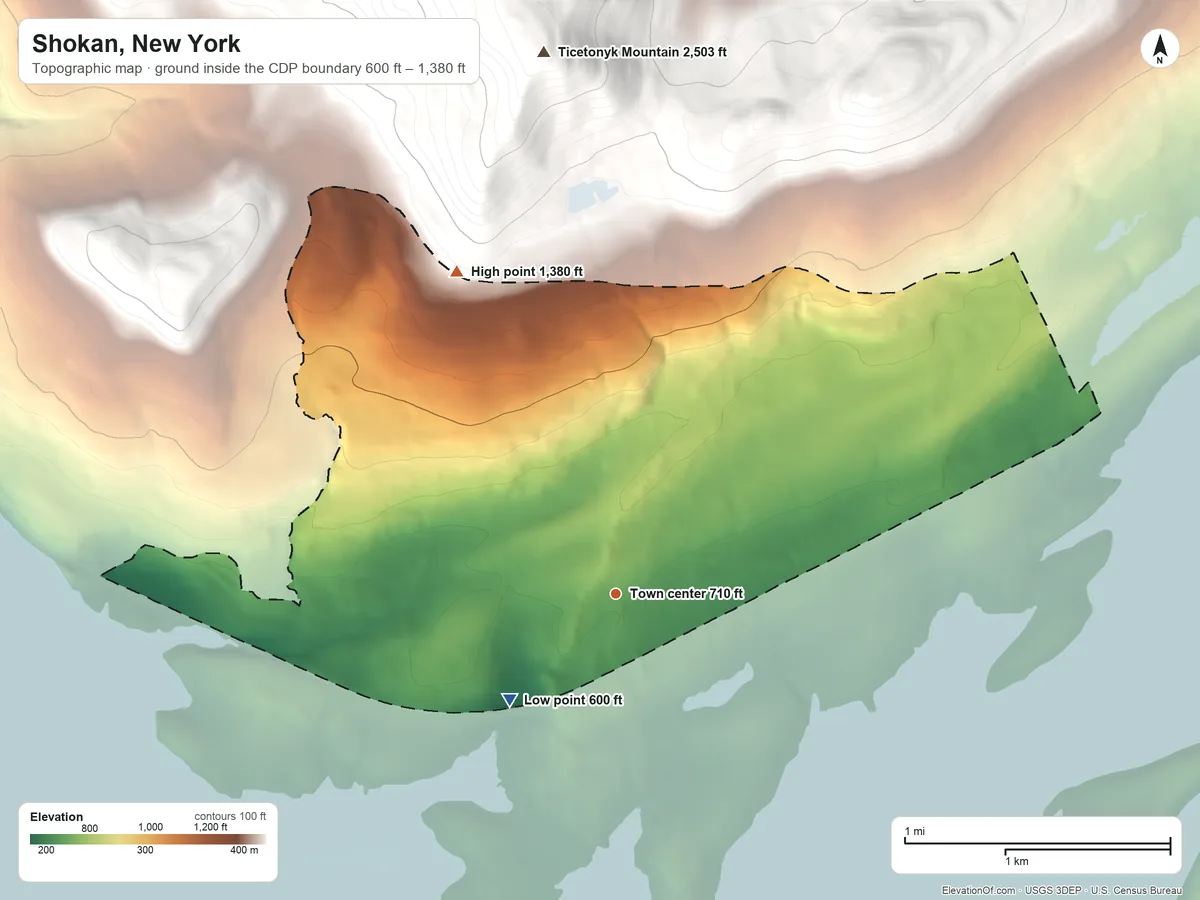 Topographic elevation map of Shokan, New York, shaded from 600 ft on the southwest side to 1,380 ft at the foot of the Burroughs Range