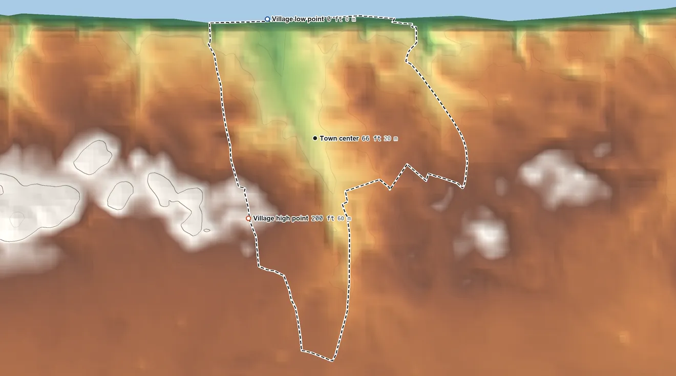 Topographic elevation map of Shoreham, New York, shaded from sea level level on Long Island Sound to 200 ft on the southwest side