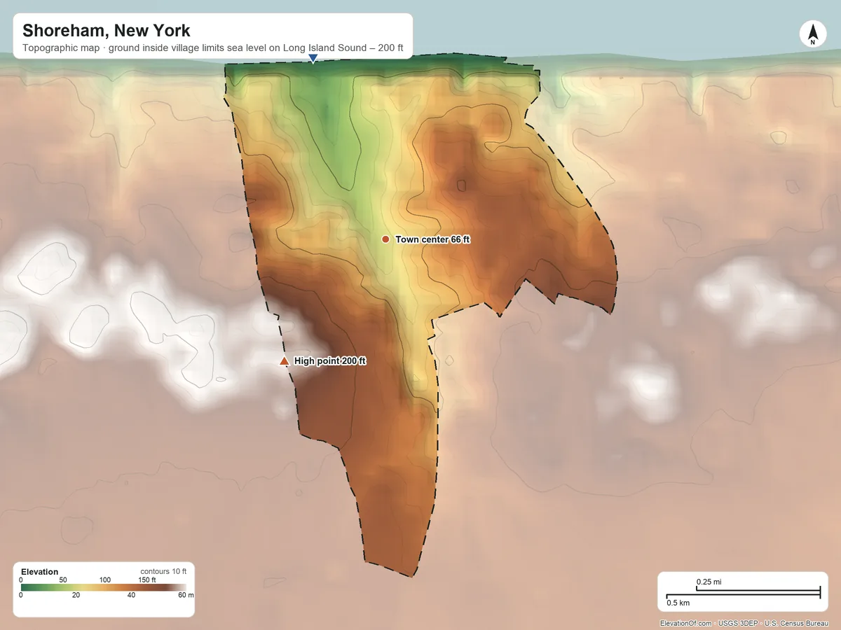 Topographic elevation map of Shoreham, New York, shaded from sea level level on Long Island Sound to 200 ft on the southwest side