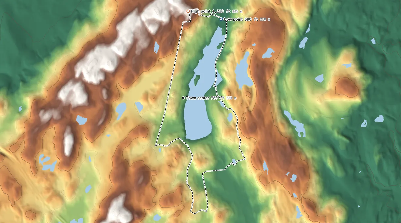 Topographic elevation map of Shorehaven, New York, shaded from 690 ft on the northeast side to 1,230 ft on the north side