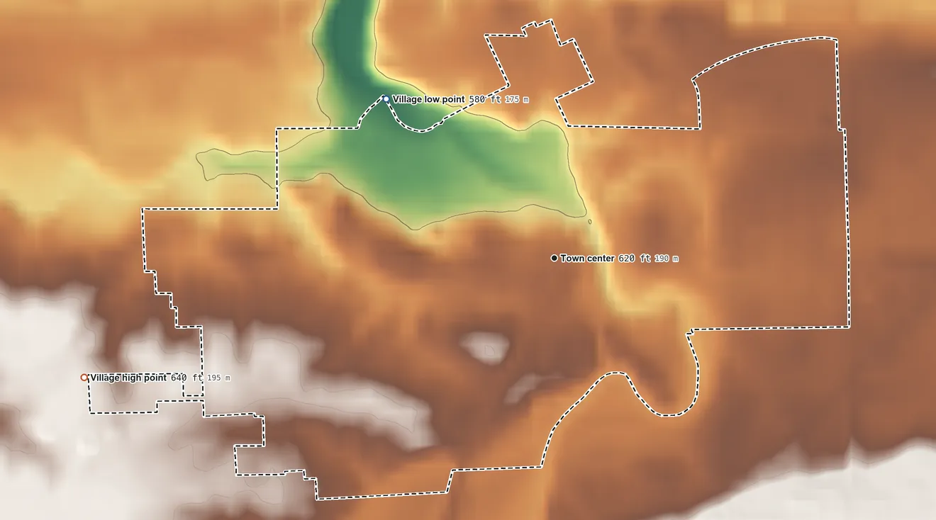 Topographic elevation map of Shortsville, New York, shaded from 580 ft on the northwest side to 640 ft on the west side