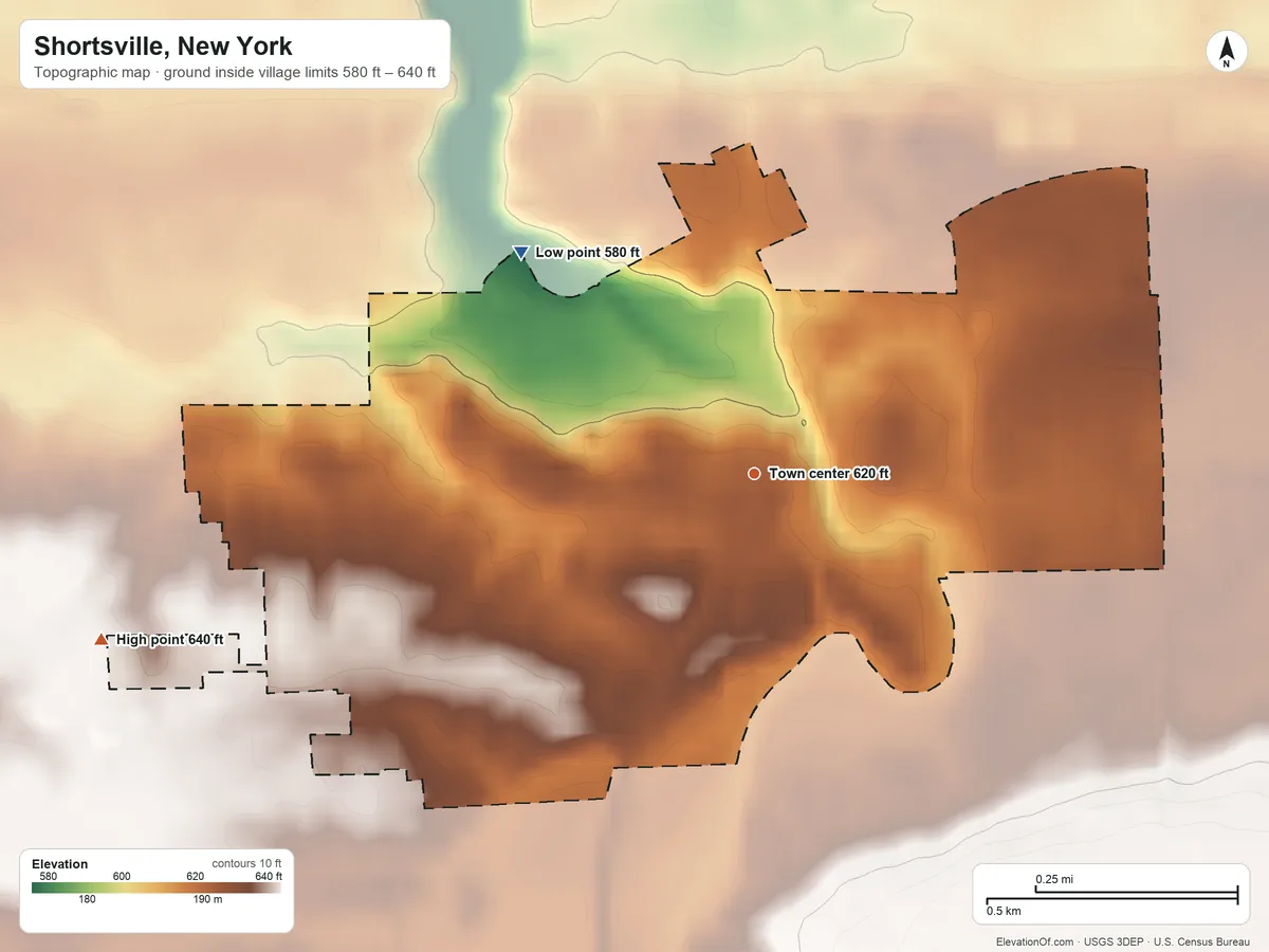 Topographic elevation map of Shortsville, New York, shaded from 580 ft on the northwest side to 640 ft on the west side
