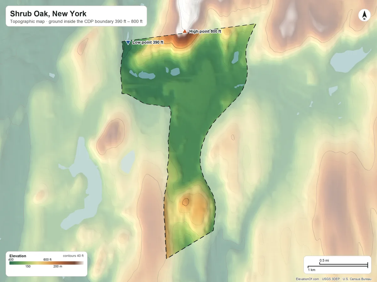 Topographic elevation map of Shrub Oak, New York, shaded from 390 ft on the northwest side to 800 ft on the north side