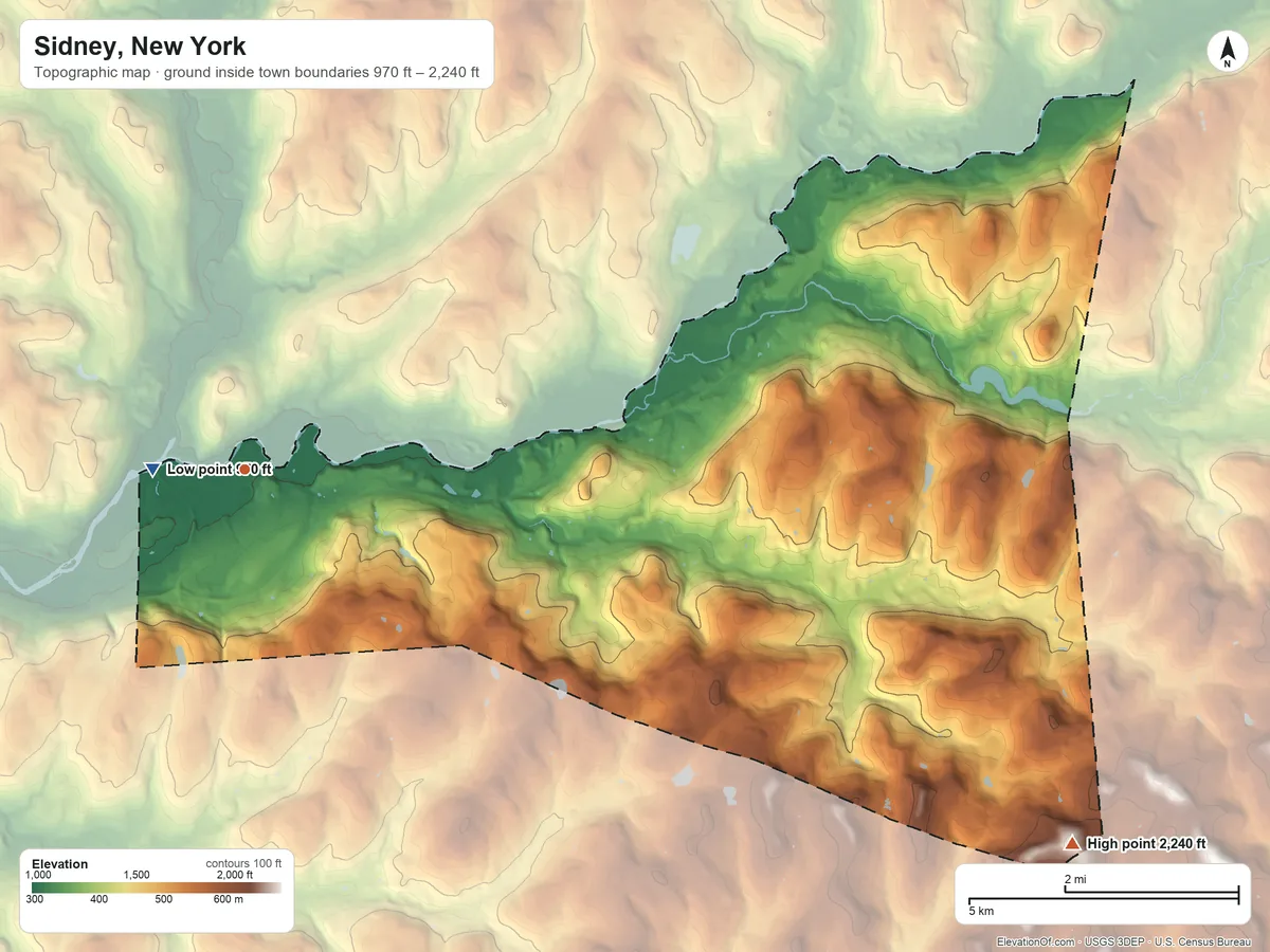 Topographic elevation map of Sidney, New York, shaded from 970 ft near the middle to 2,240 ft on Gallop Hill