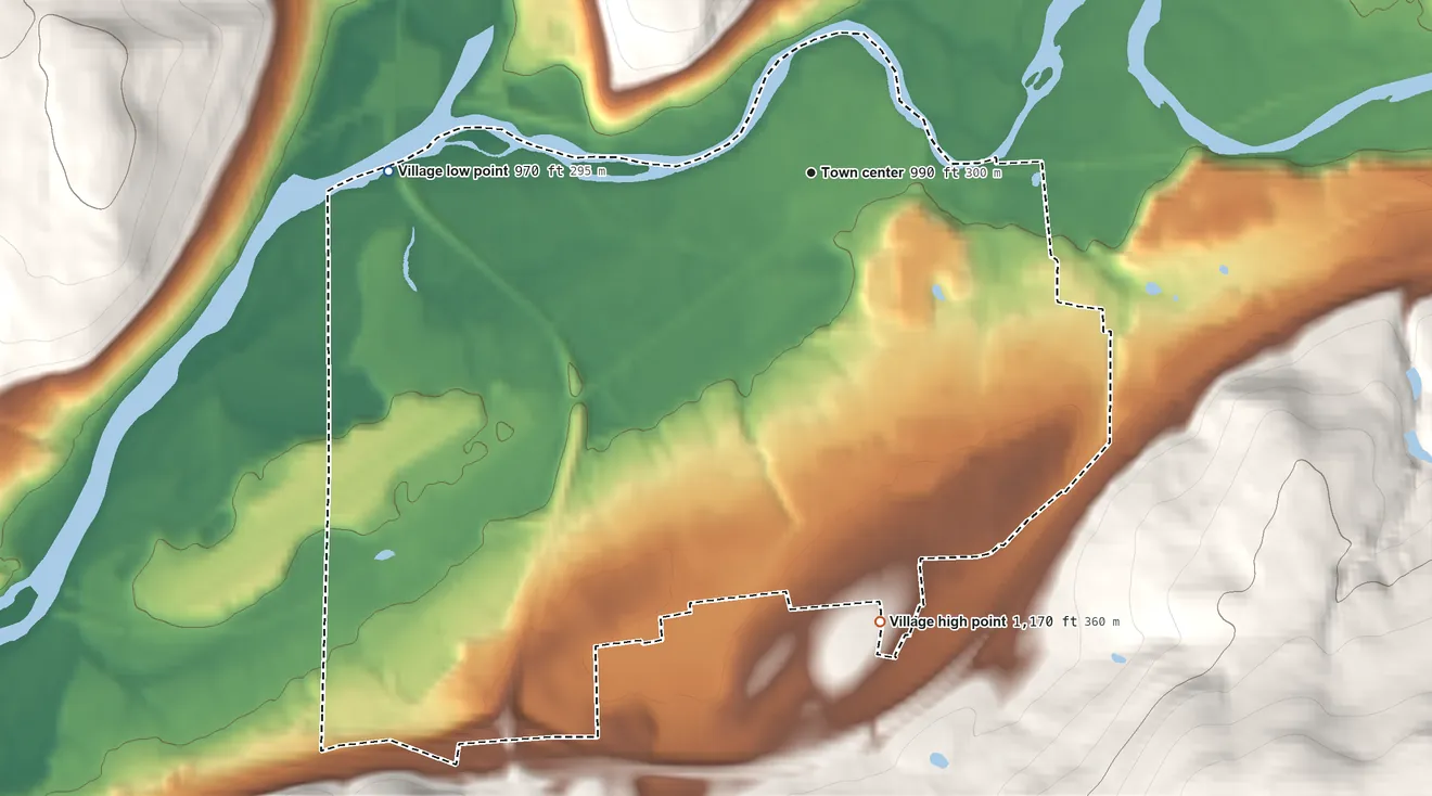 Topographic elevation map of Village of Sidney, New York, shaded from 970 ft on the west side to 1,170 ft on the south edge, below higher ground just outside
