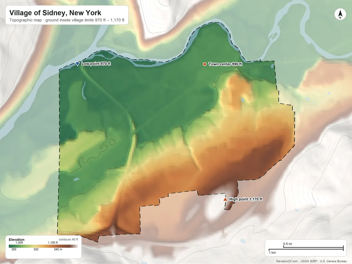 Topographic elevation map of Village of Sidney, New York, shaded from 970 ft on the west side to 1,170 ft on the south edge, below higher ground just outside