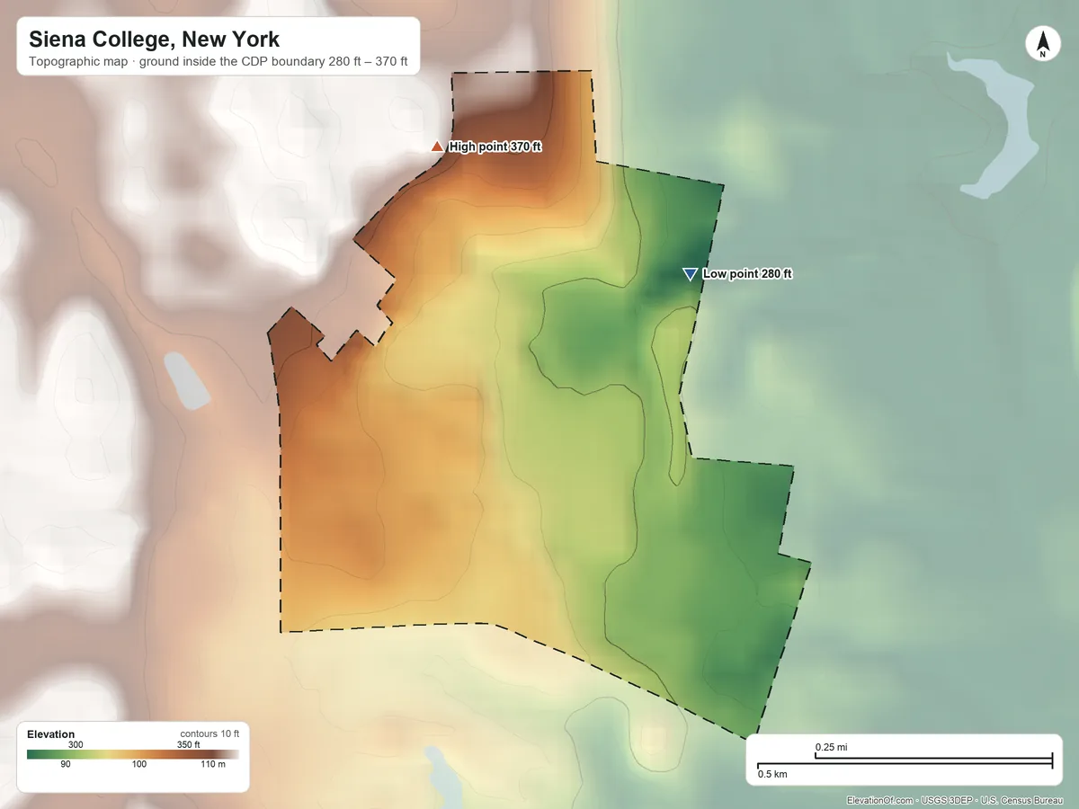 Topographic elevation map of Siena College, New York, shaded from 280 ft on the northeast side to 370 ft on the north side