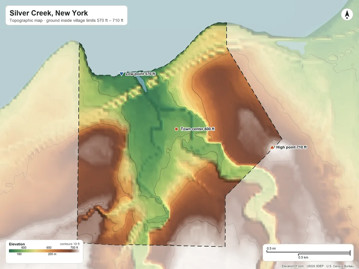 Topographic elevation map of Silver Creek, New York, shaded from 570 ft on the northwest side to 710 ft on the east side