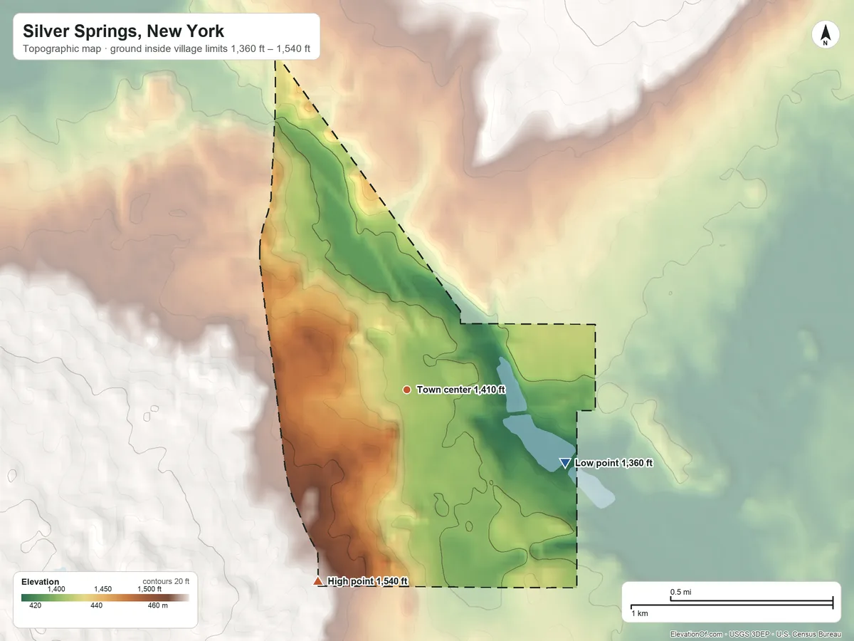 Topographic elevation map of Silver Springs, New York, shaded from 1,360 ft on the southeast side to 1,540 ft on the southwest side