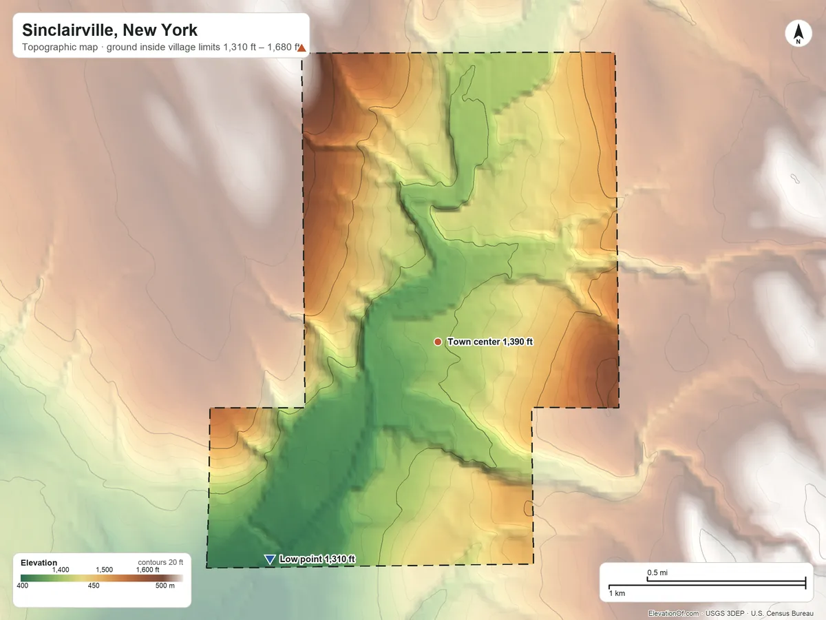 Topographic elevation map of Sinclairville, New York, shaded from 1,310 ft on the southwest side to 1,680 ft on the northwest side