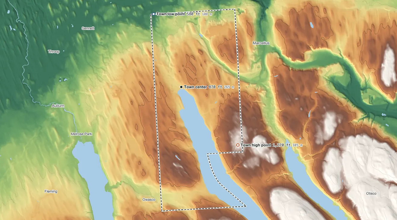 Topographic elevation map of Skaneateles, New York, shaded from 580 ft on the north side to 1,270 ft on the southeast side
