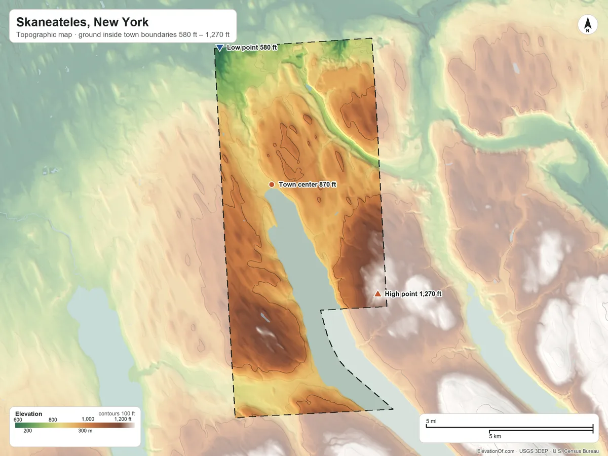 Topographic elevation map of Skaneateles, New York, shaded from 580 ft on the north side to 1,270 ft on the southeast side