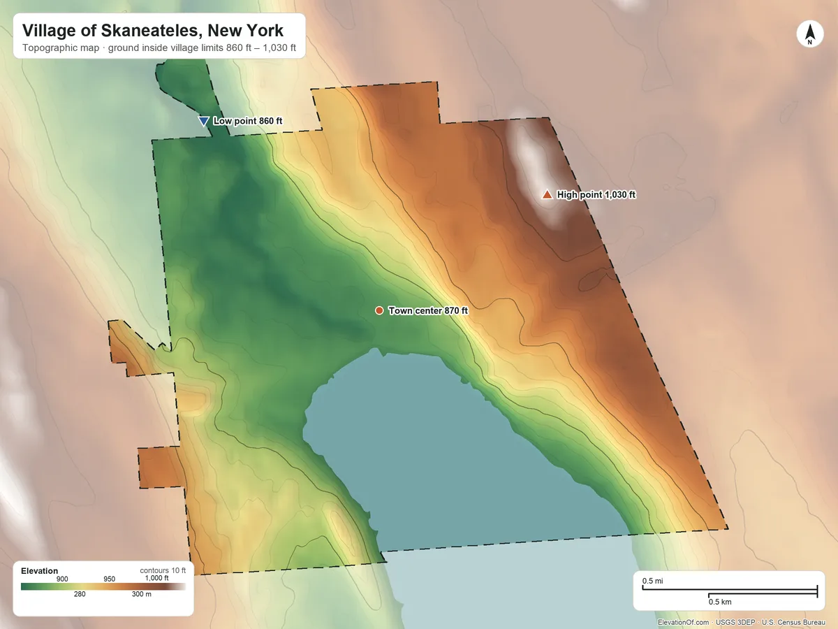 Topographic elevation map of Village of Skaneateles, New York, shaded from 860 ft on the northwest side to 1,030 ft on the northeast side
