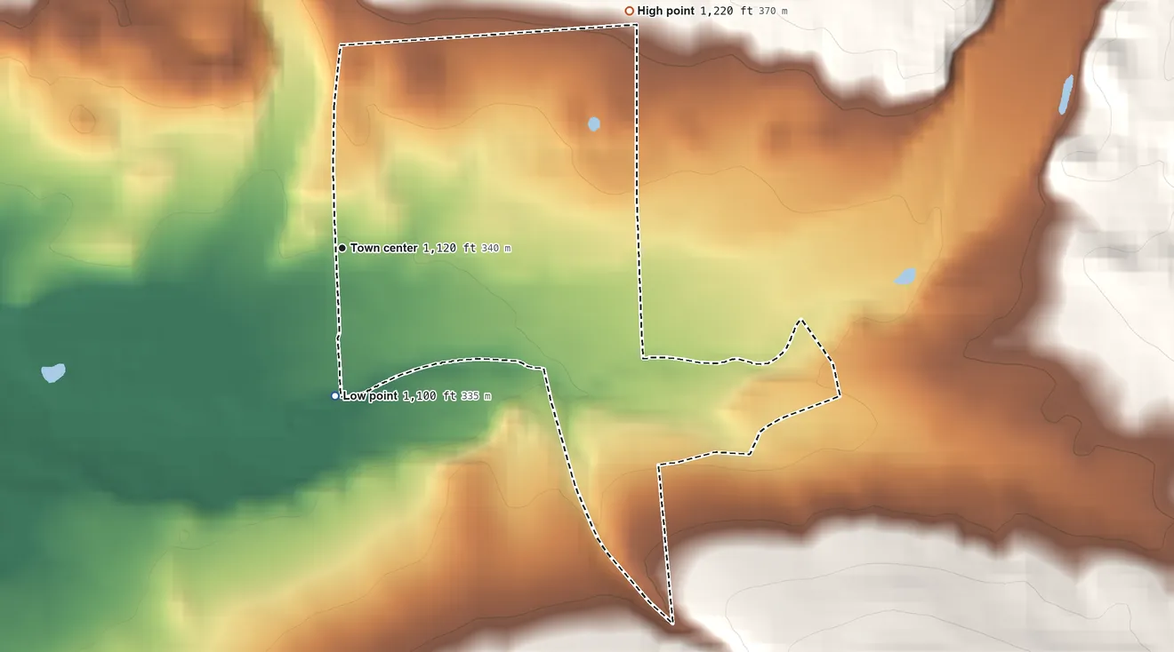 Topographic elevation map of Slaterville Springs, New York, shaded from 1,100 ft on the south side to 1,220 ft on the northeast edge, below higher ground just outside