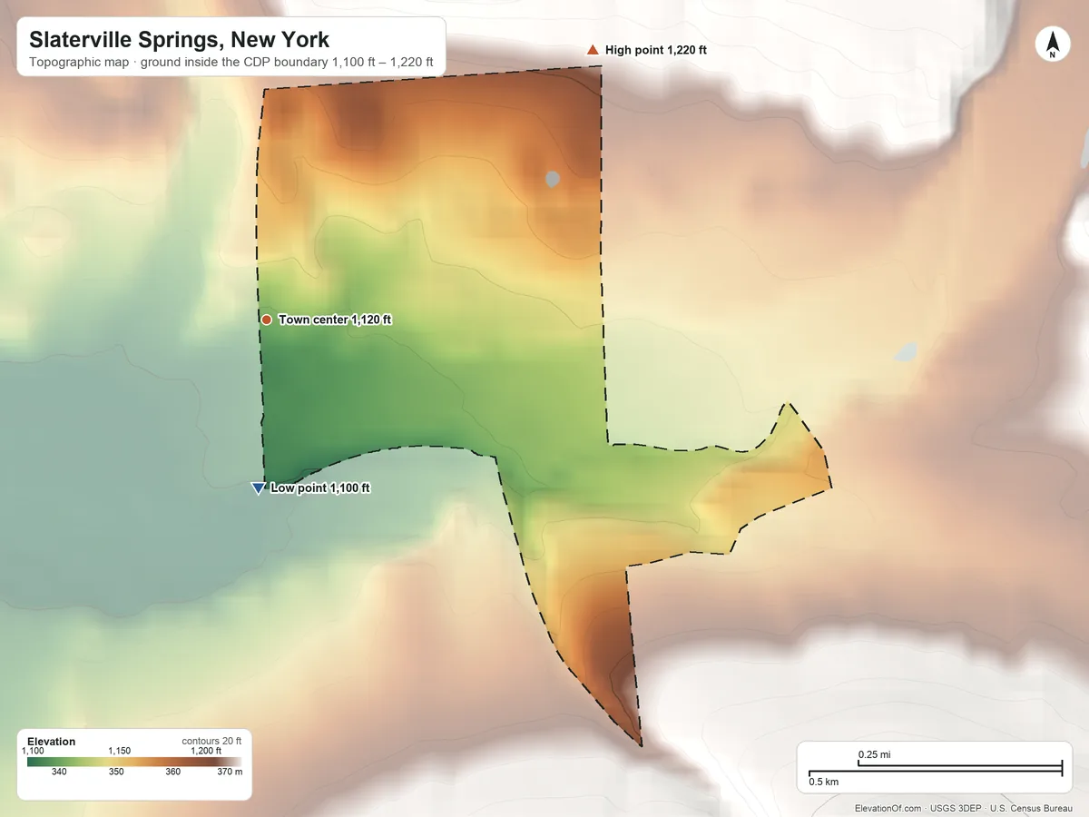 Topographic elevation map of Slaterville Springs, New York, shaded from 1,100 ft on the south side to 1,220 ft on the northeast edge, below higher ground just outside