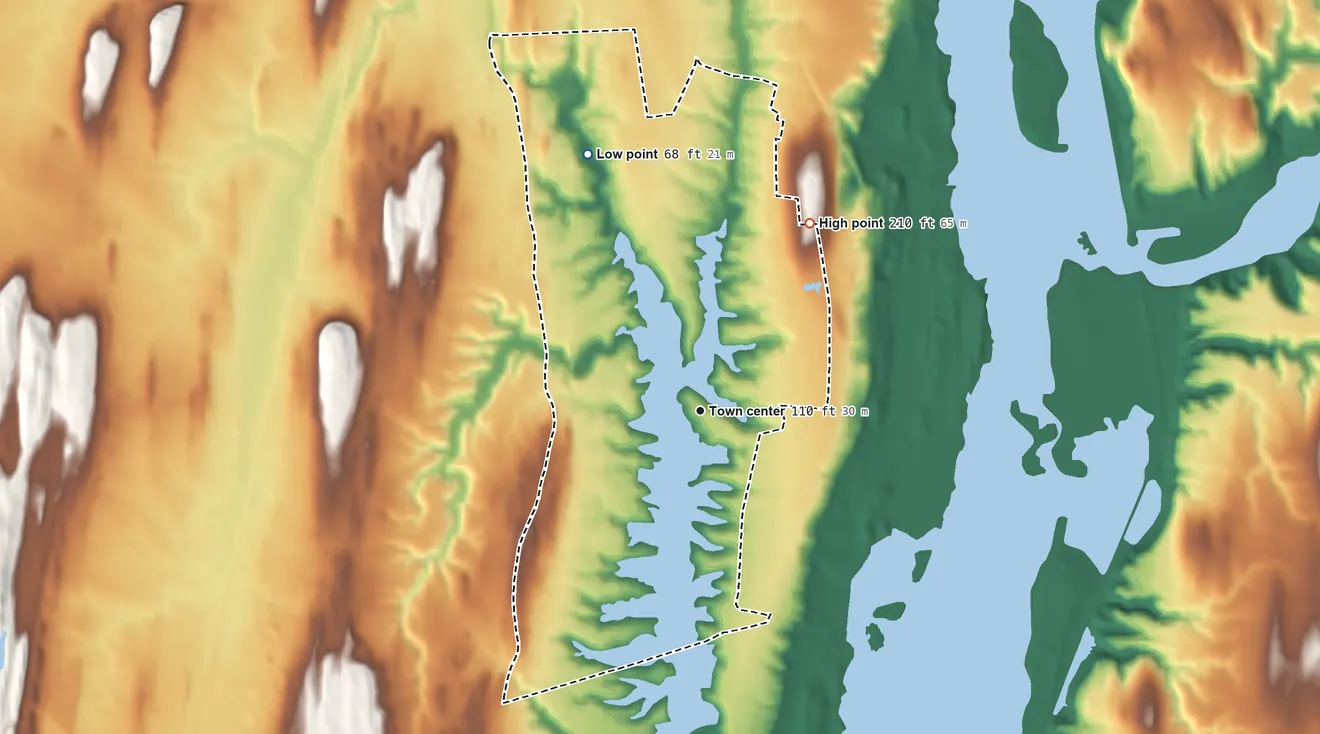 Topographic elevation map of Sleepy Hollow Lake, New York, shaded from 68 ft on the northwest side to 210 ft on the northeast side