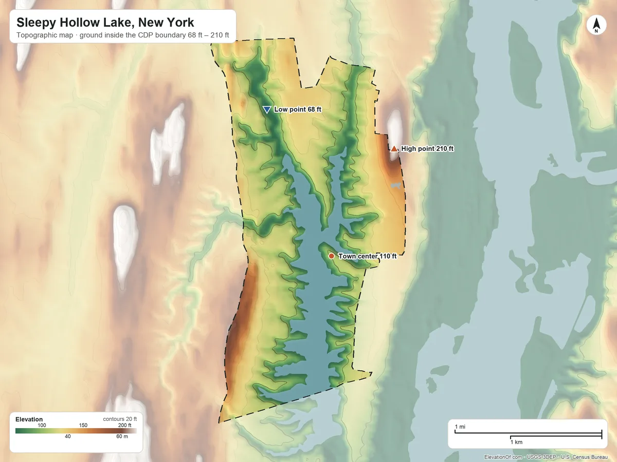 Topographic elevation map of Sleepy Hollow Lake, New York, shaded from 68 ft on the northwest side to 210 ft on the northeast side