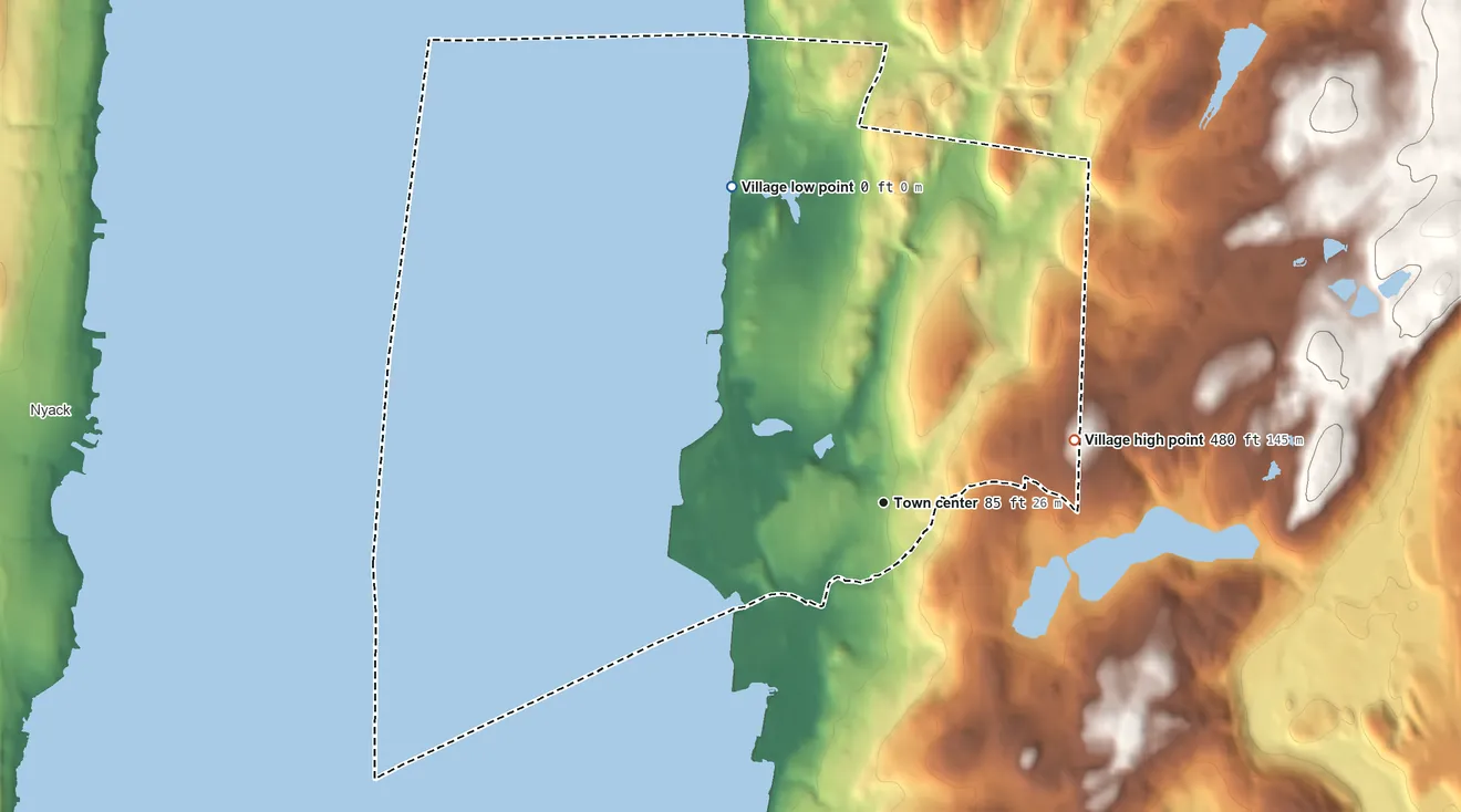 Topographic elevation map of Sleepy Hollow, New York, shaded from 0 ft on the northwest side to 480 ft on the east edge, below higher ground just outside
