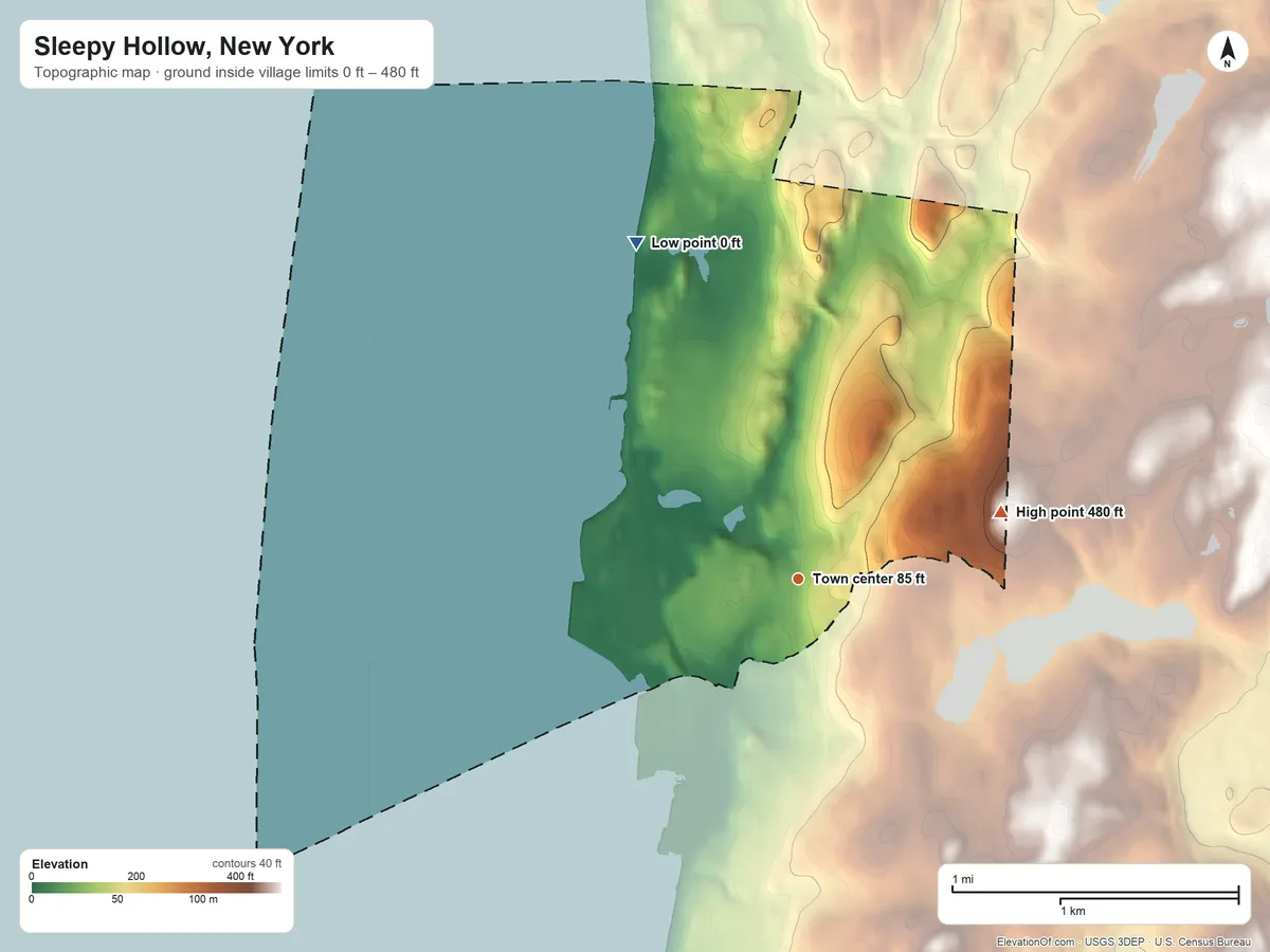 Topographic elevation map of Sleepy Hollow, New York, shaded from 0 ft on the northwest side to 480 ft on the east edge, below higher ground just outside