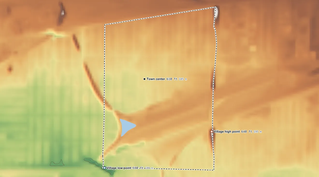 Topographic elevation map of Sloan, New York, shaded from 590 ft on the southwest side to 640 ft on the southeast side
