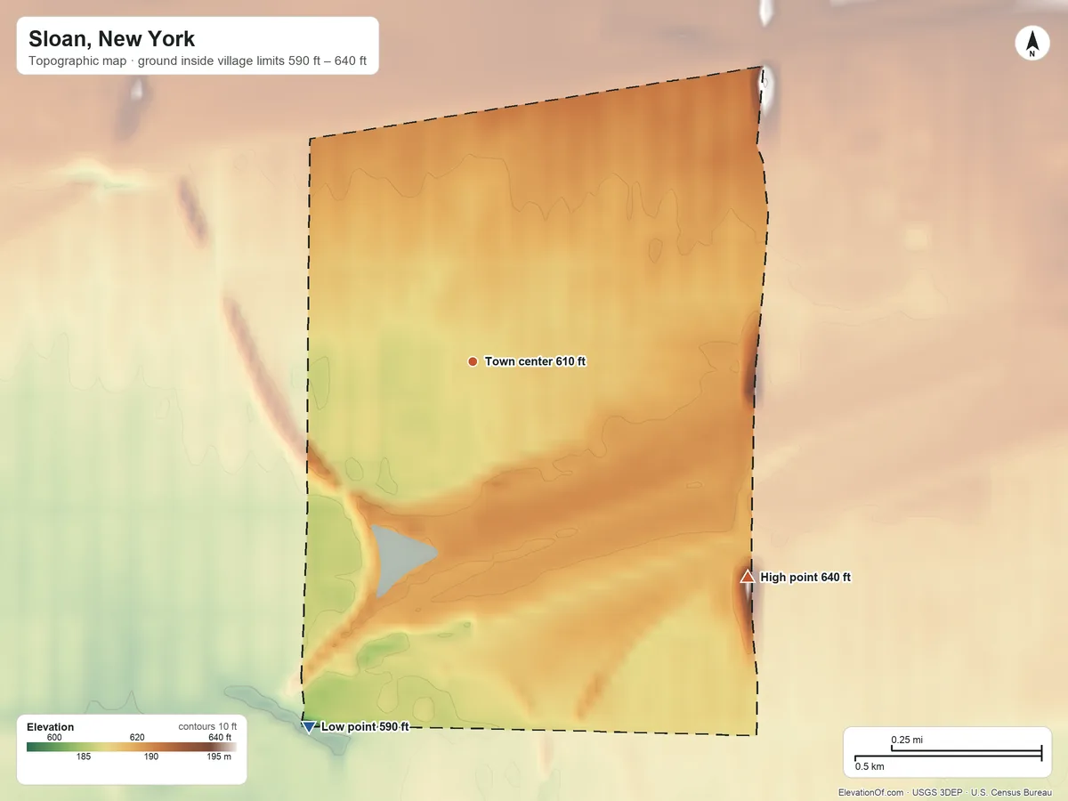 Topographic elevation map of Sloan, New York, shaded from 590 ft on the southwest side to 640 ft on the southeast side