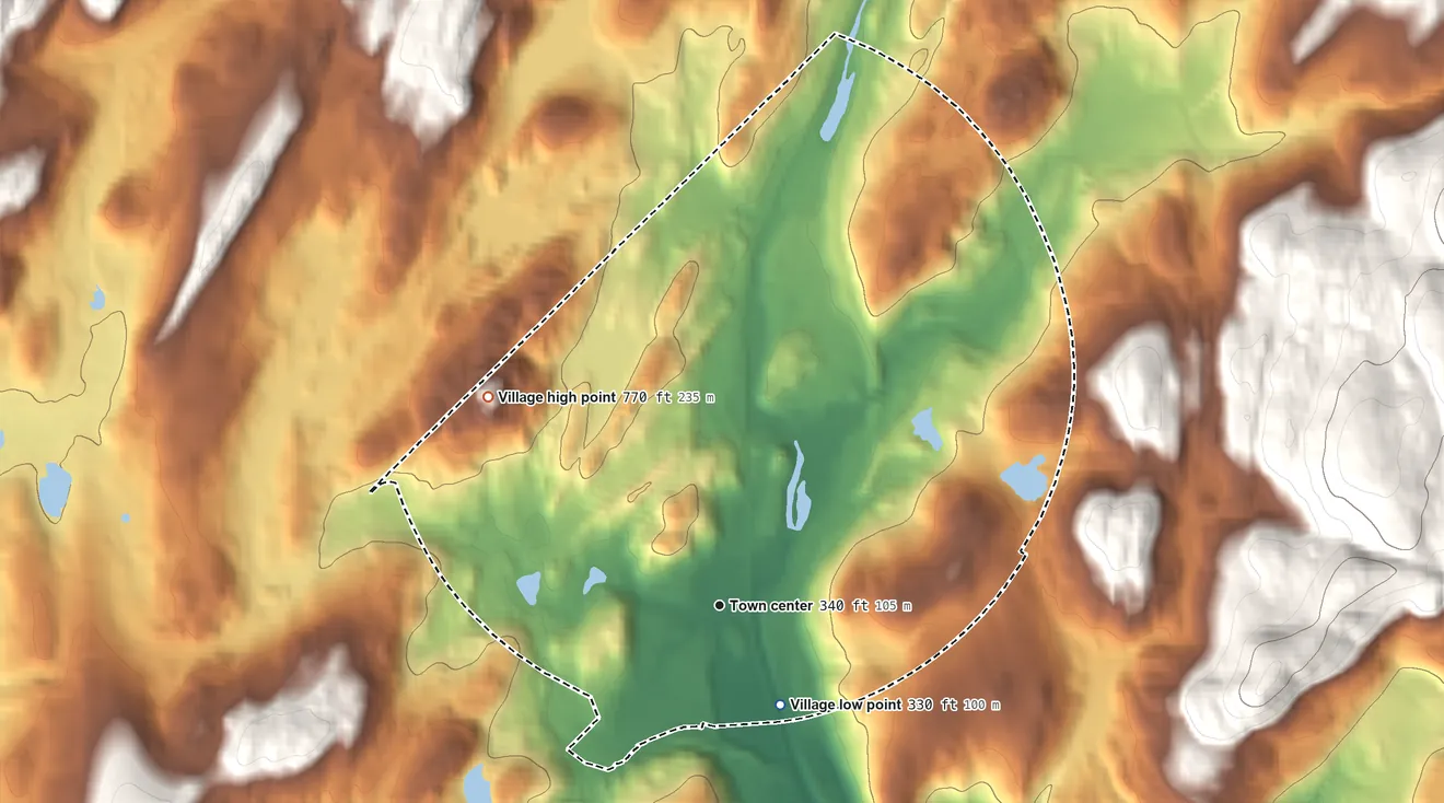 Topographic elevation map of Sloatsburg, New York, shaded from 330 ft on the southeast side to 770 ft on the northwest side