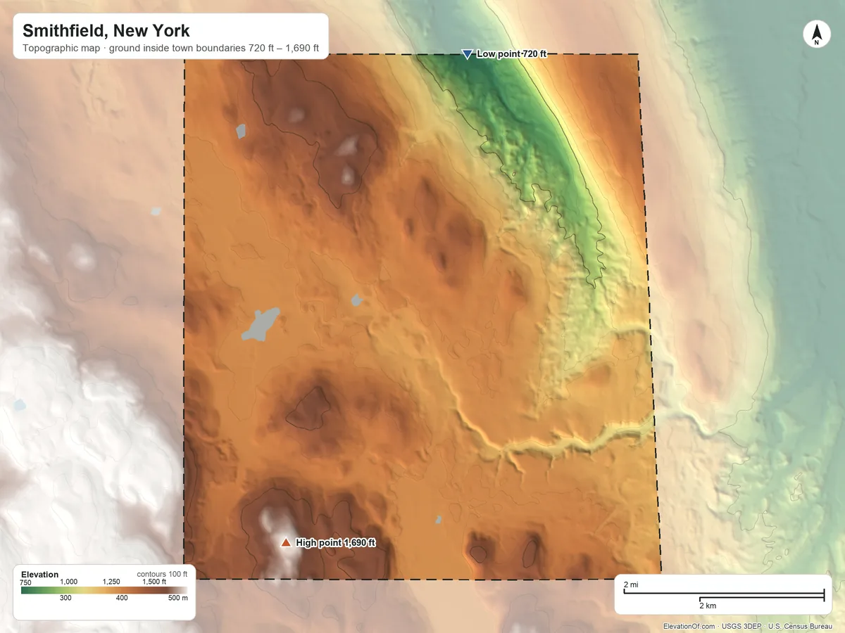 Topographic elevation map of Smithfield, New York, shaded from 720 ft on the north side to 1,690 ft on the southwest side