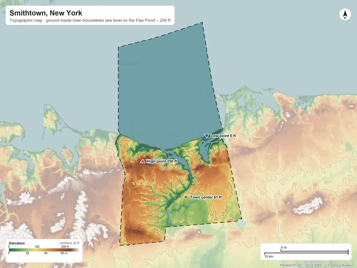 Topographic elevation map of Smithtown, New York, shaded from sea level level on the Flax Pond to 250 ft on the northwest side