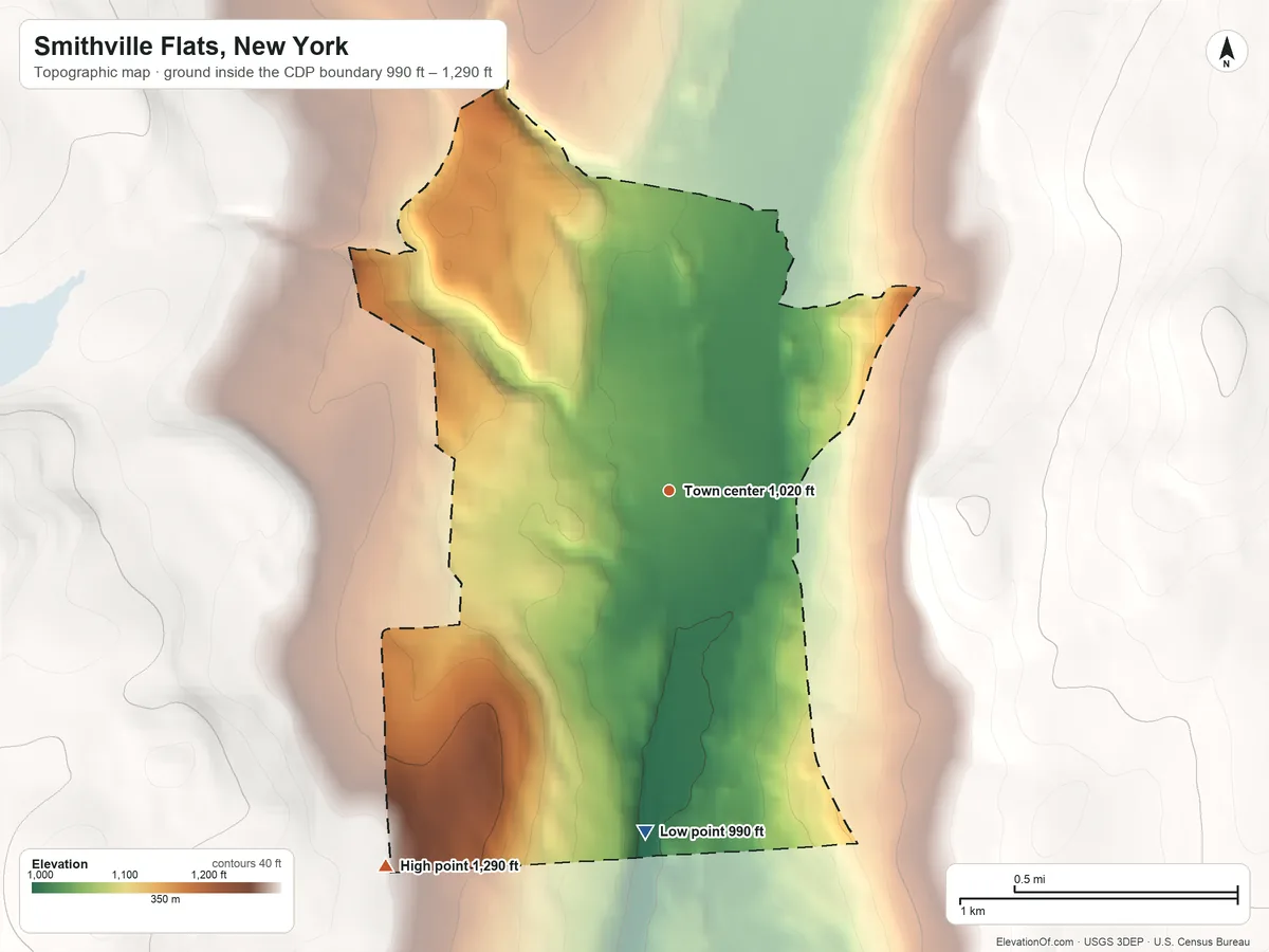 Topographic elevation map of Smithville Flats, New York, shaded from 990 ft on the south side to 1,290 ft on the southwest side