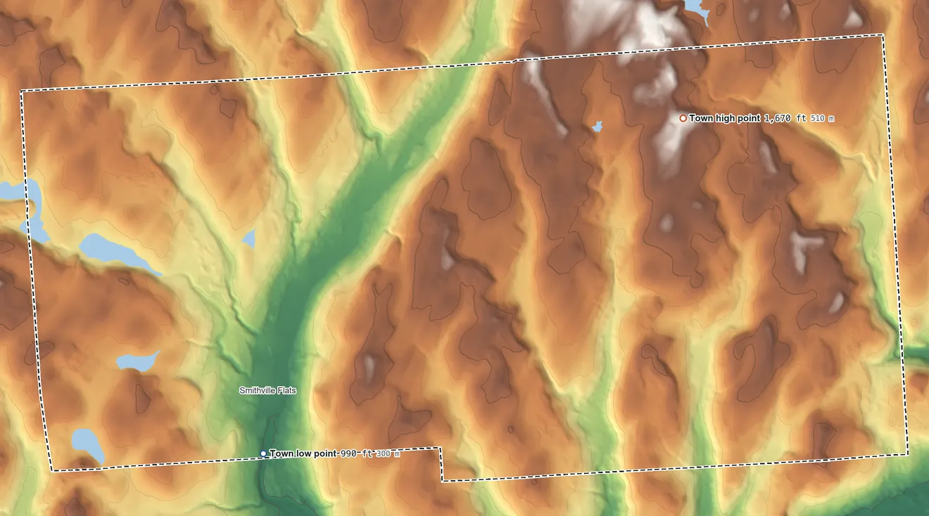 Topographic elevation map of Smithville, New York, shaded from 990 ft on the southwest side to 1,670 ft on the northeast side