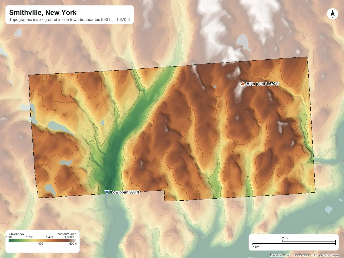 Topographic elevation map of Smithville, New York, shaded from 990 ft on the southwest side to 1,670 ft on the northeast side