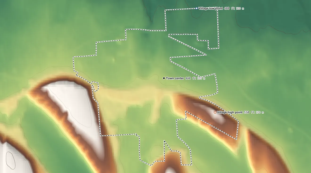Topographic elevation map of Village of Sodus, New York, shaded from 400 ft on the northeast side to 550 ft on the southeast side