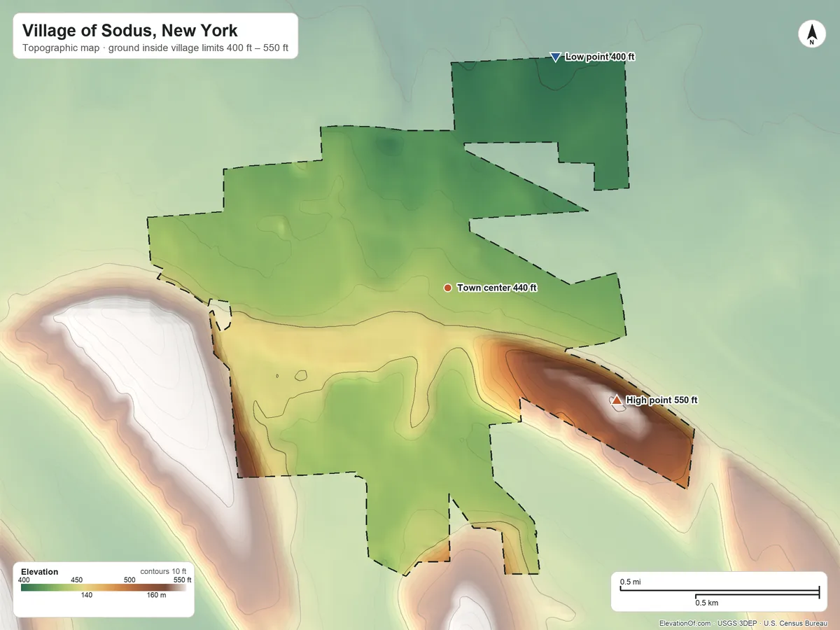 Topographic elevation map of Village of Sodus, New York, shaded from 400 ft on the northeast side to 550 ft on the southeast side