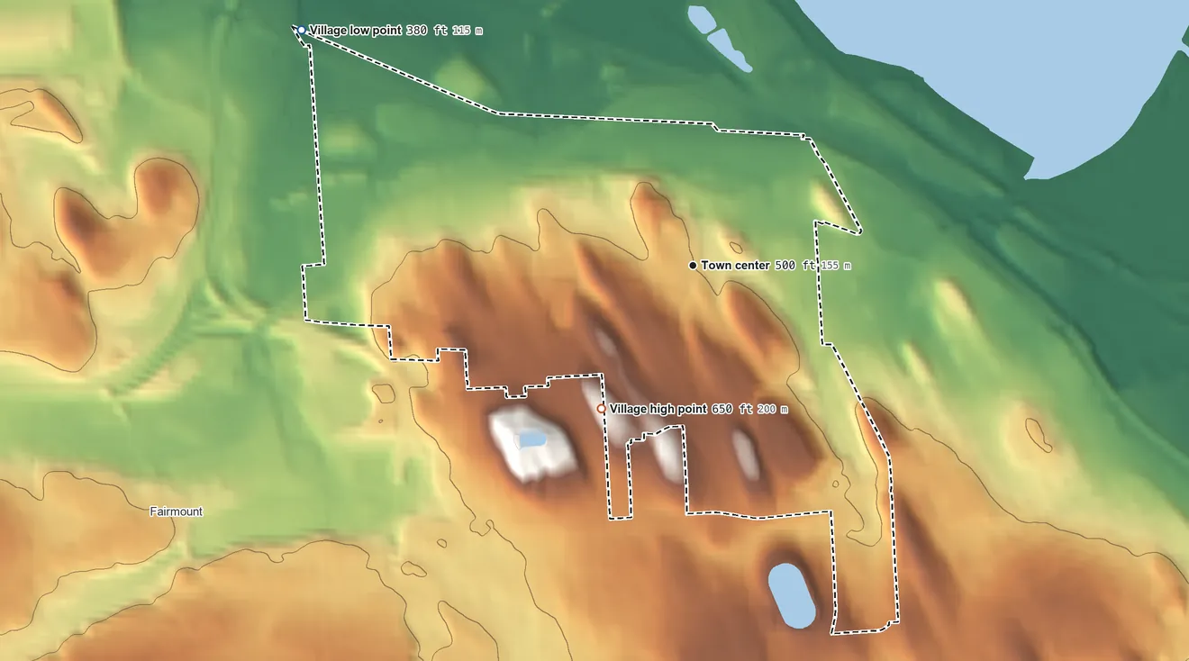 Topographic elevation map of Solvay, New York, shaded from 380 ft on the northwest side to 650 ft on the southwest side