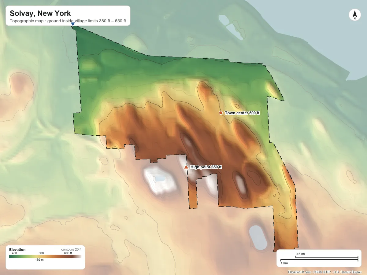 Topographic elevation map of Solvay, New York, shaded from 380 ft on the northwest side to 650 ft on the southwest side