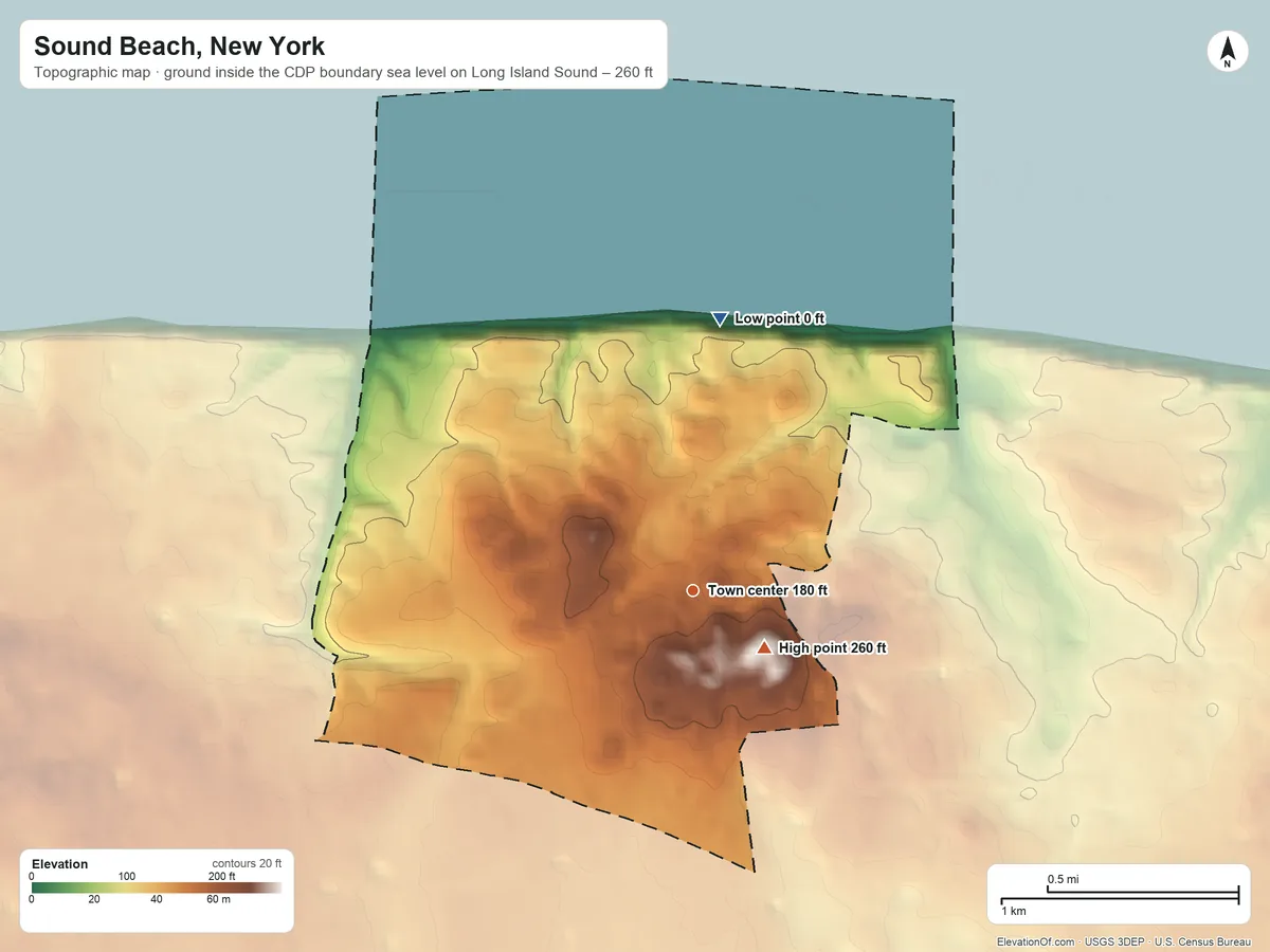 Topographic elevation map of Sound Beach, New York, shaded from sea level level on Long Island Sound to 260 ft near the middle