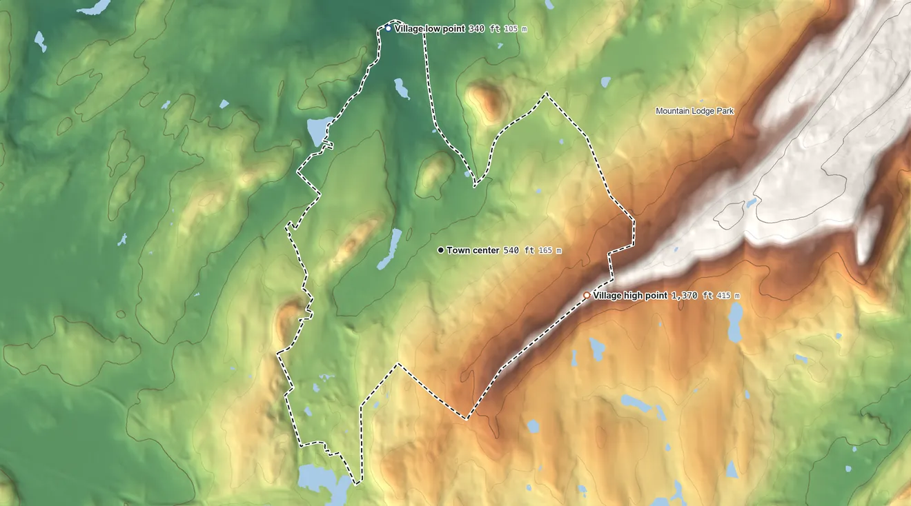 Topographic elevation map of South Blooming Grove, New York, shaded from 340 ft on the north side to 1,370 ft on the east side