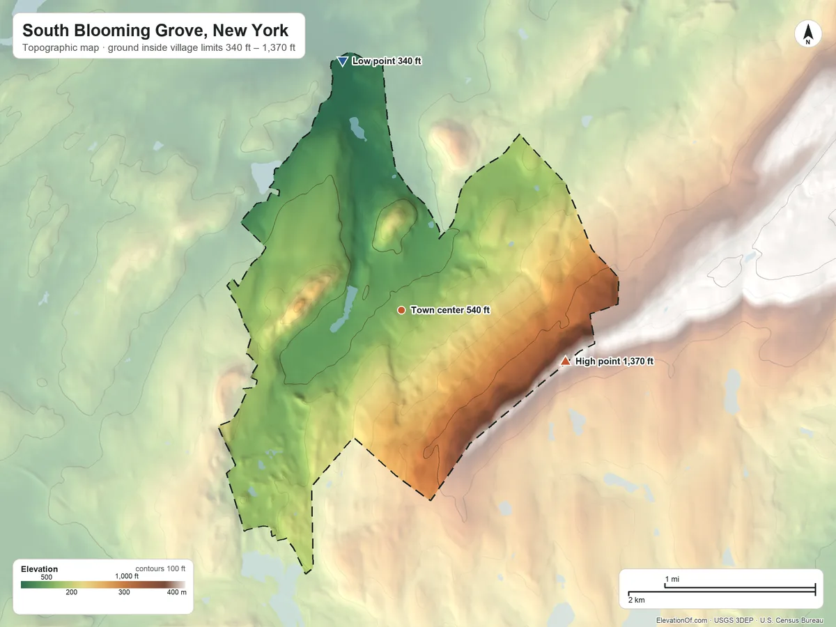 Topographic elevation map of South Blooming Grove, New York, shaded from 340 ft on the north side to 1,370 ft on the east side