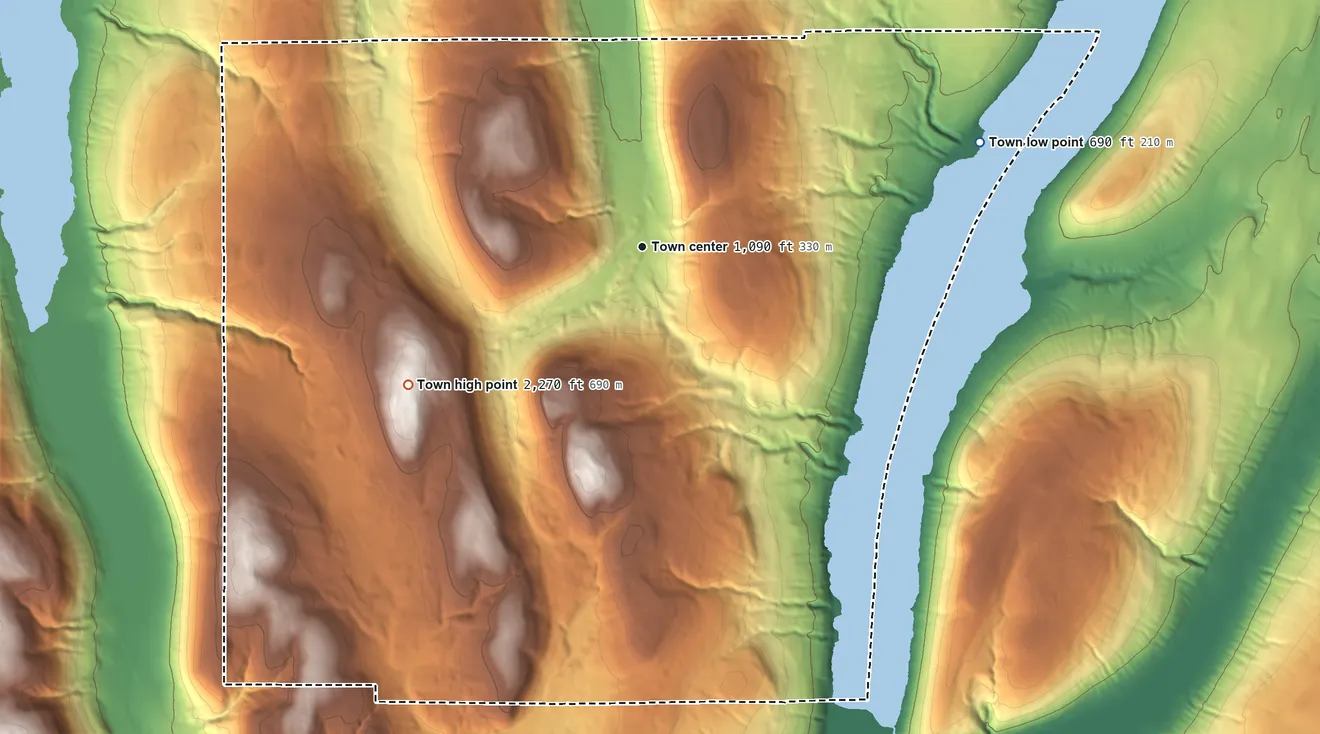 Topographic elevation map of South Bristol, New York, shaded from 690 ft on the east side to 2,270 ft on Frost Hill