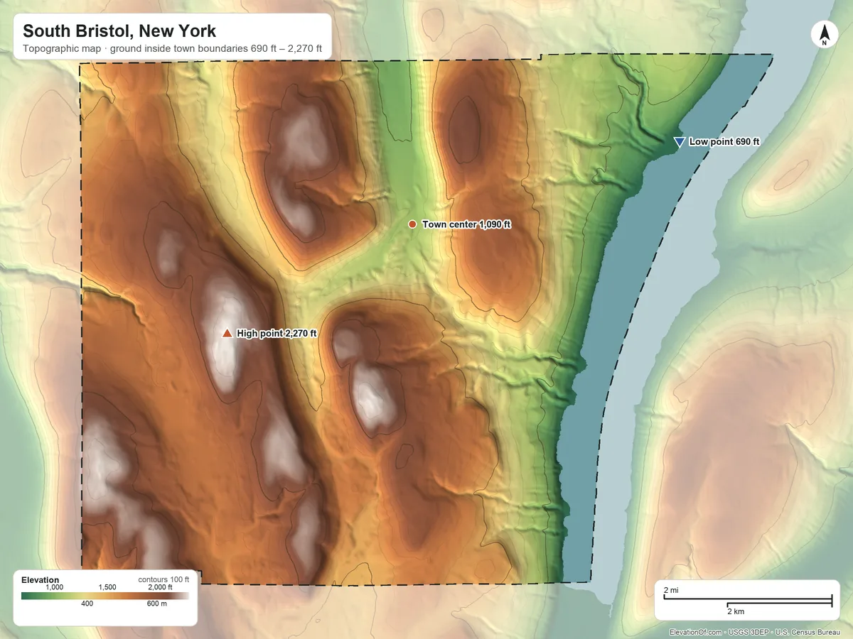 Topographic elevation map of South Bristol, New York, shaded from 690 ft on the east side to 2,270 ft on Frost Hill