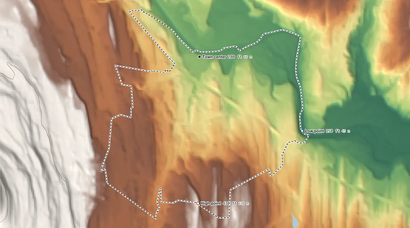 Topographic elevation map of South Cairo, New York, shaded from 150 ft on the southeast side to 430 ft at the foot of the Blackhead Mountains