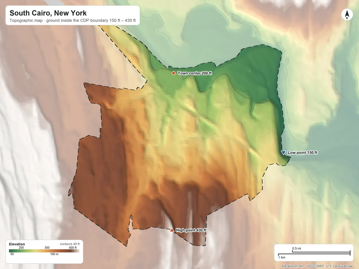 Topographic elevation map of South Cairo, New York, shaded from 150 ft on the southeast side to 430 ft at the foot of the Blackhead Mountains